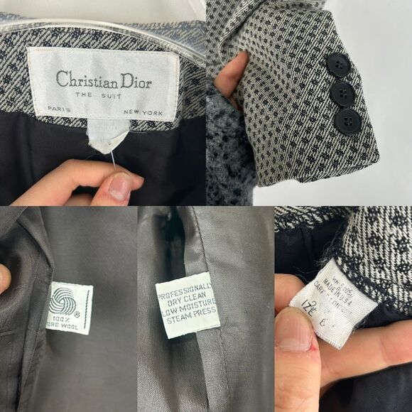 Vintage 80s 90s Christian Dior 100% Wool Monochrome Plaid Skirt Suit Set - Picture 10 of 10